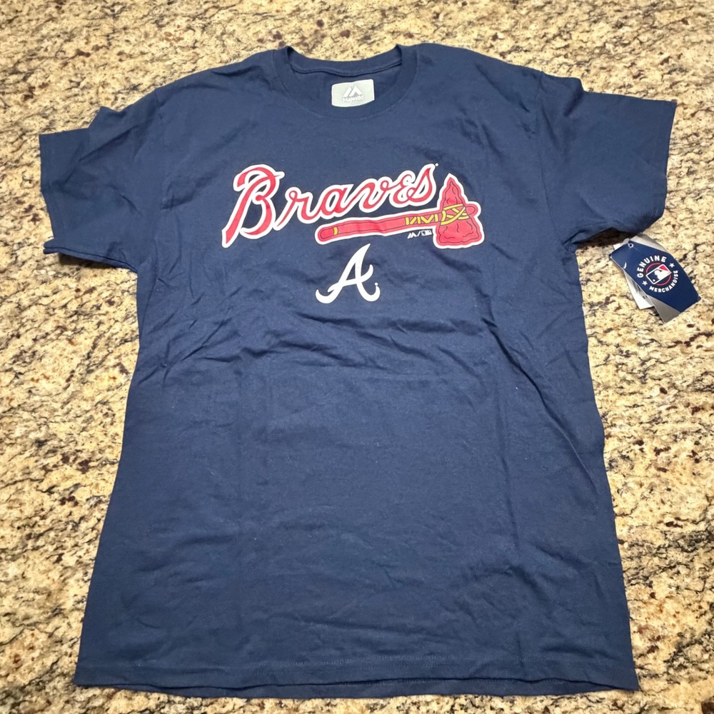 NEW Majestic Atlanta Braves MLB T-Shirt Mens Large Navy Blue Tomahawk Logo